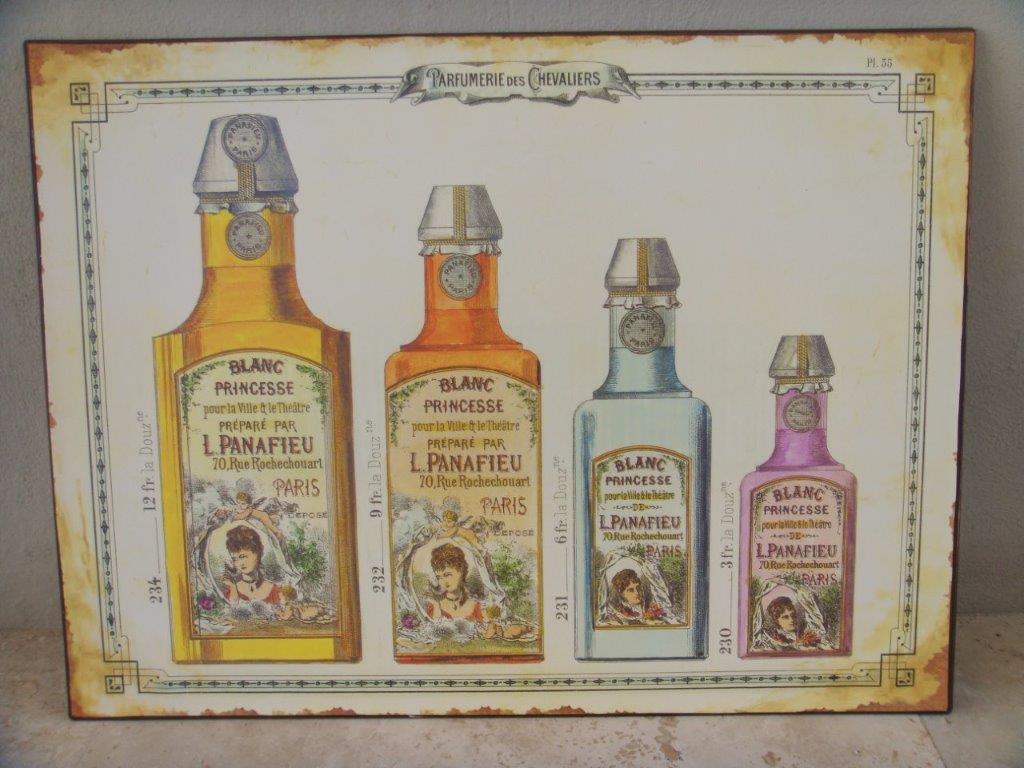 4 BOTTLES PERFUME TIN PLAQUE  37x50
